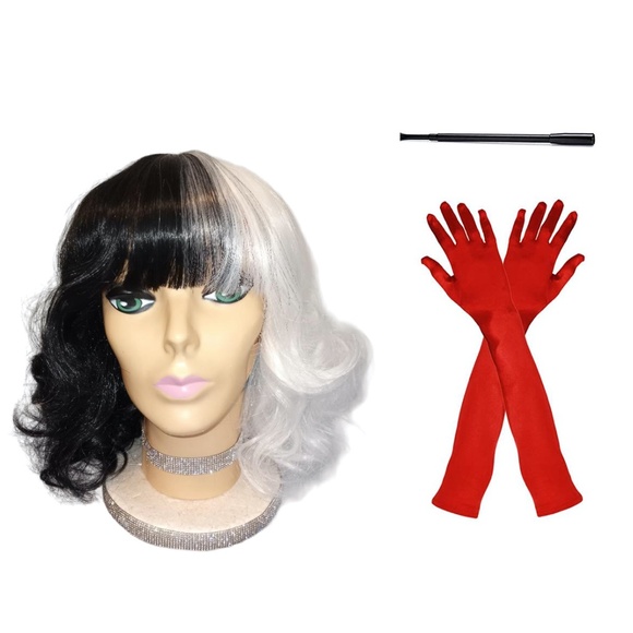 Other - Halloween Wavy Black & White Cruella Wig Includes Red Gloves & Cigarette Holder